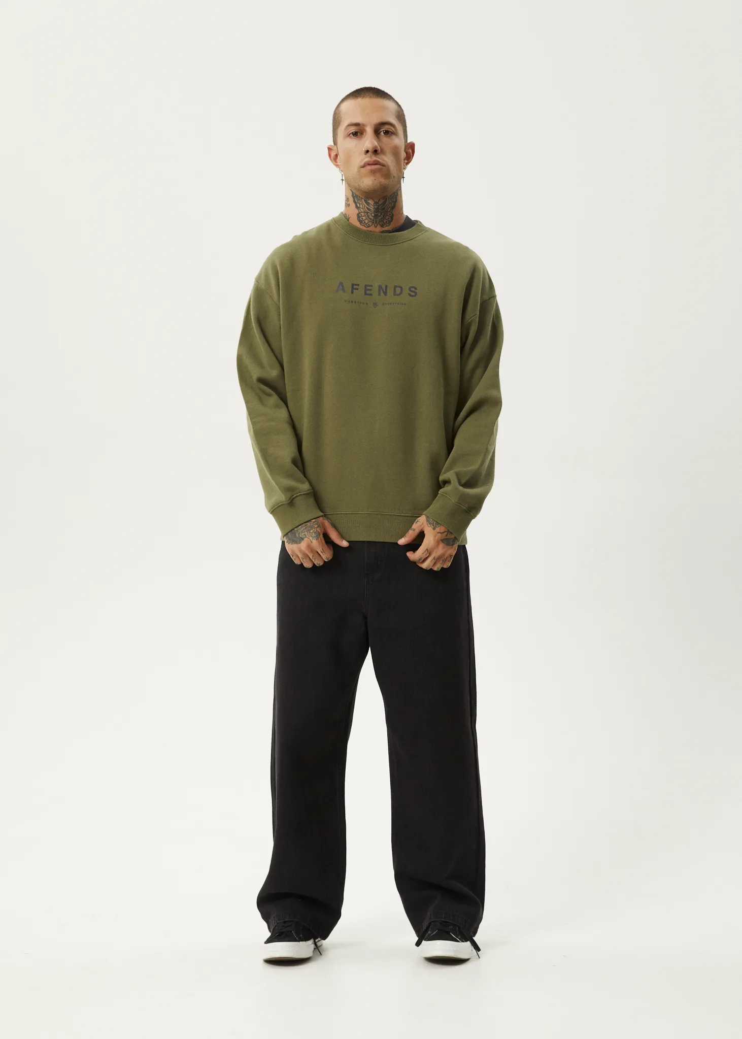 AFENDS Mens Thrown Out - Crew Neck - Military