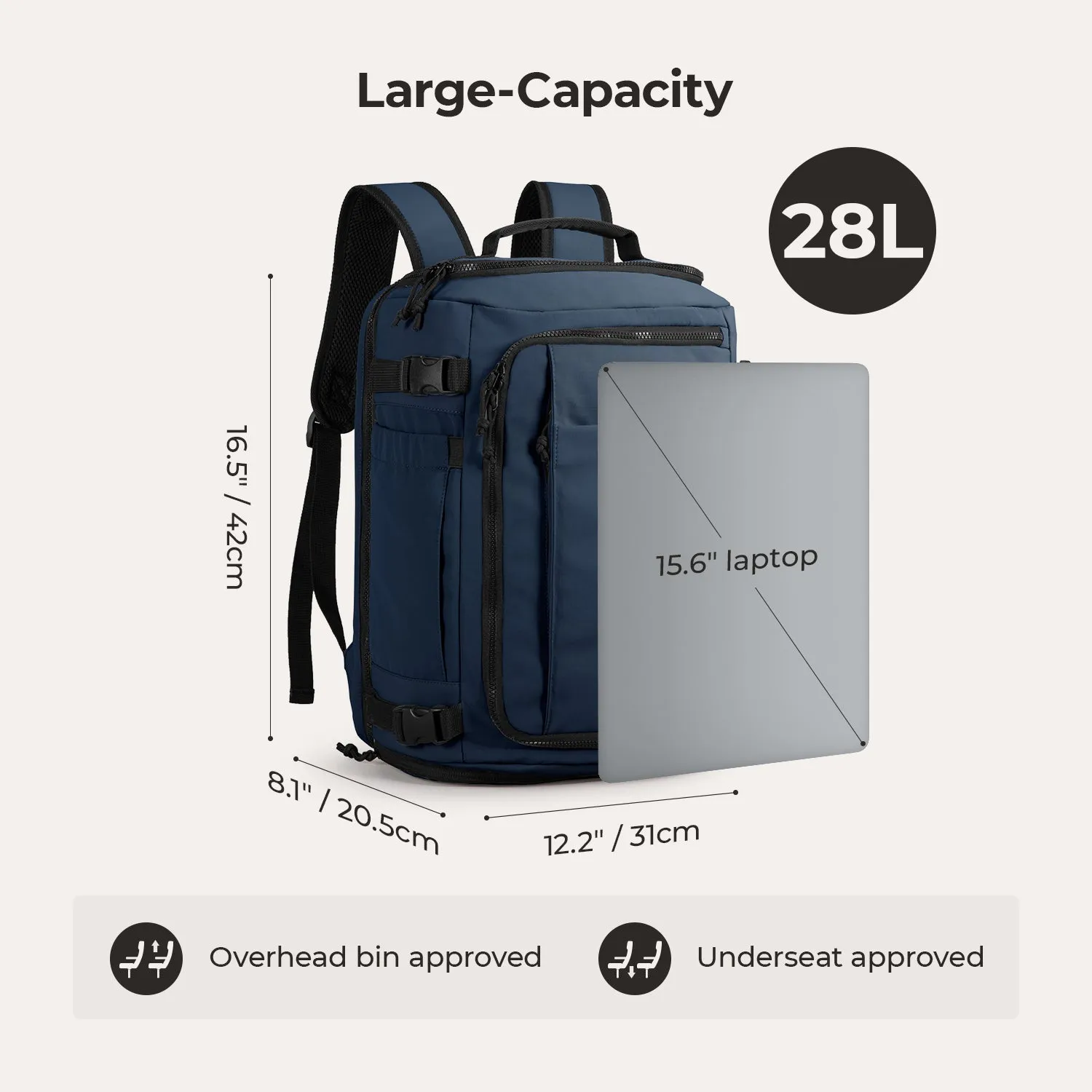 Ultra-Durable Quick Access 28L-38L Carry-On Travel Backpack with Adjustable Size - Perfect for On-the-Go Lifestyle