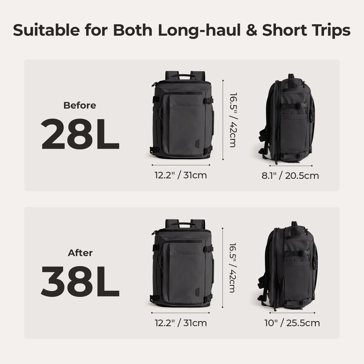 Ultra-Durable Quick Access 28L-38L Carry-On Travel Backpack with Adjustable Size - Perfect for On-the-Go Lifestyle