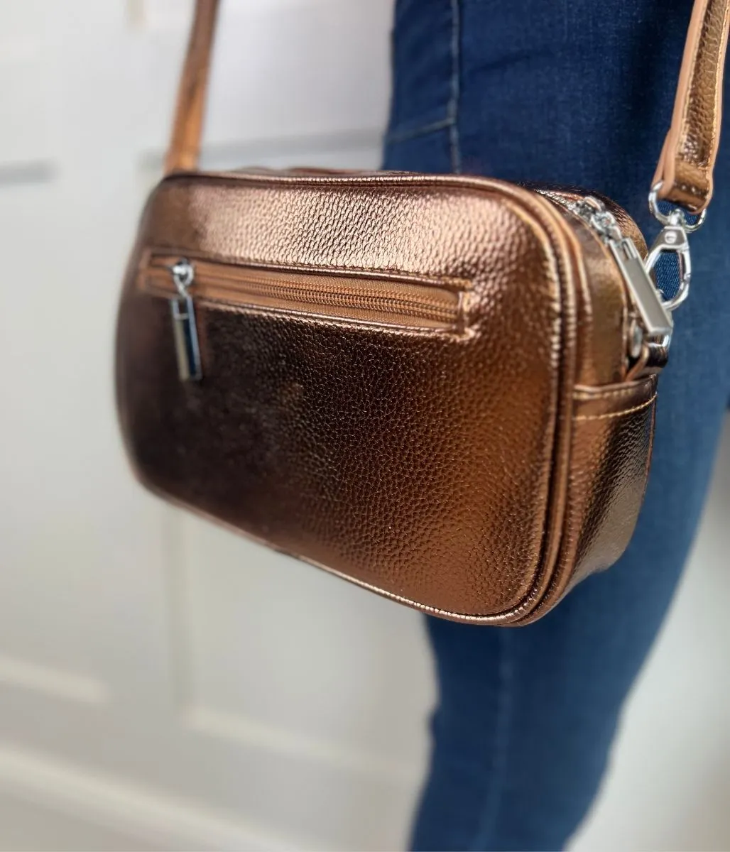 Bronze Metallic Cross Body Camera Bag