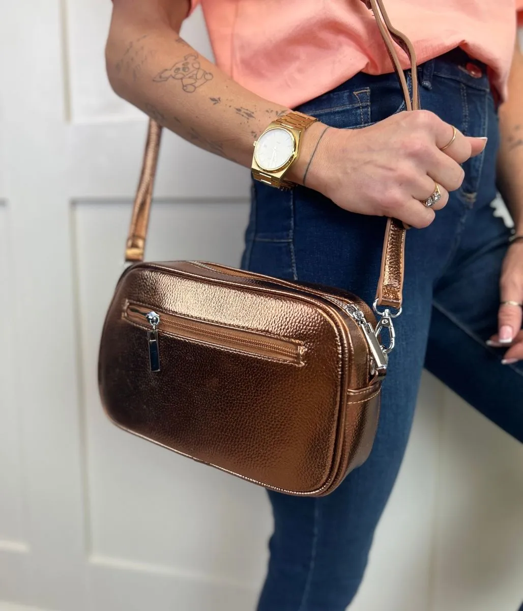 Bronze Metallic Cross Body Camera Bag