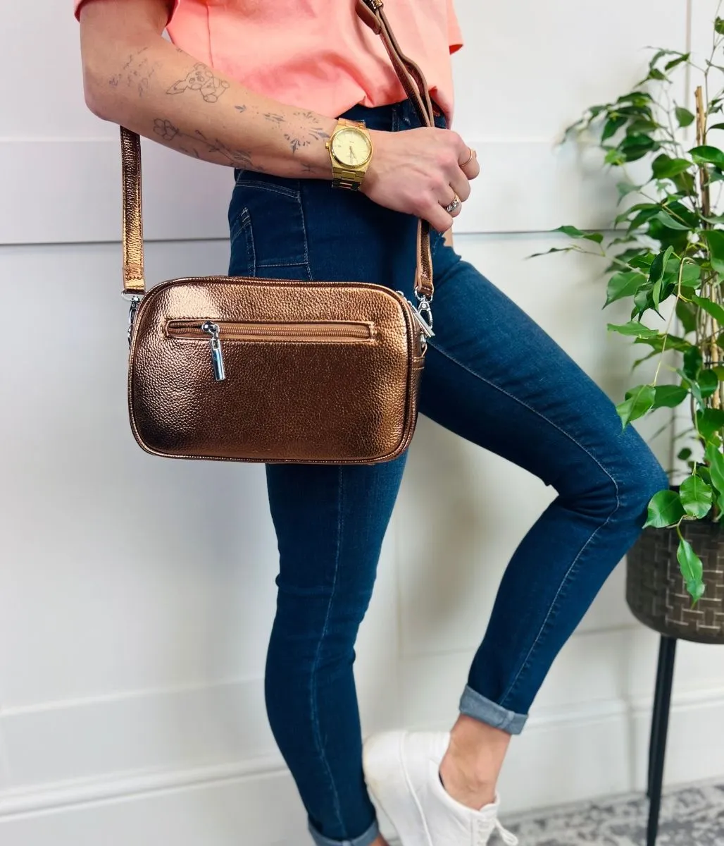 Bronze Metallic Cross Body Camera Bag