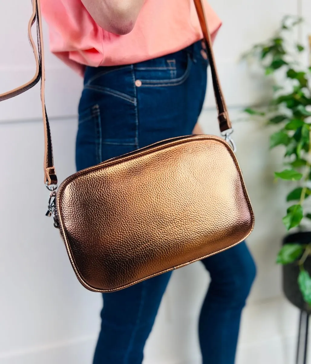 Bronze Metallic Cross Body Camera Bag