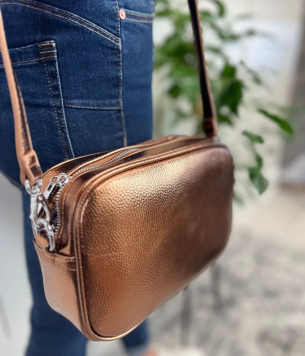 Bronze Metallic Cross Body Camera Bag