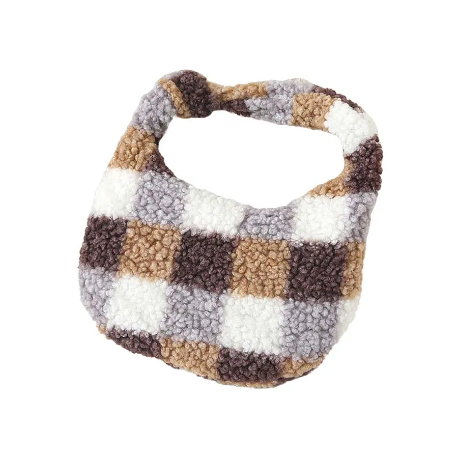 Checker Pattern Teddy Bear Faux Fur Mini Tote Bag