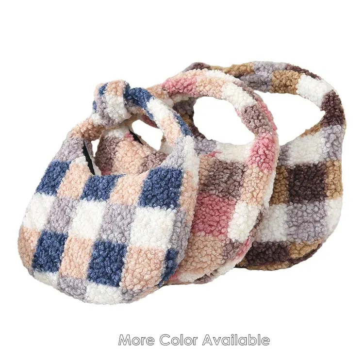 Checker Pattern Teddy Bear Faux Fur Mini Tote Bag