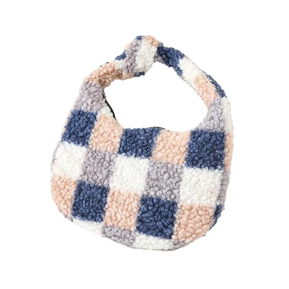 Checker Pattern Teddy Bear Faux Fur Mini Tote Bag