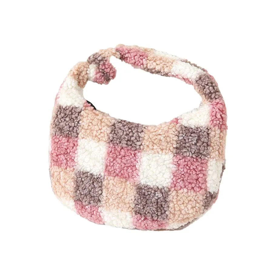 Checker Pattern Teddy Bear Faux Fur Mini Tote Bag