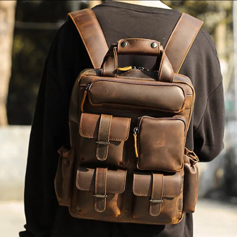 Crazy Horse Leather Laptop Backpack Men Travel Backpack Vintage Casual Backpack