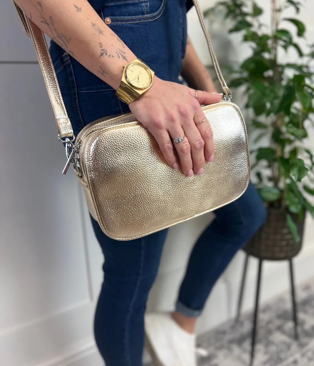 Gold Metallic Cross Body Camera Bag