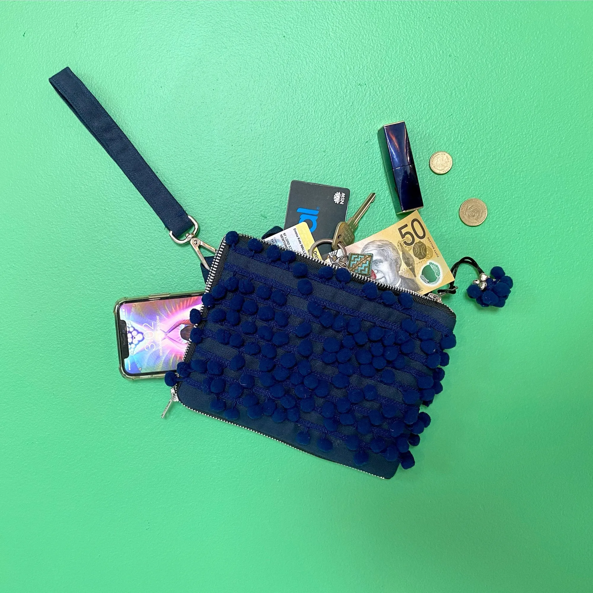 Ha Leh Handmade Pom Pom Mini Crossbody Bag in Navy