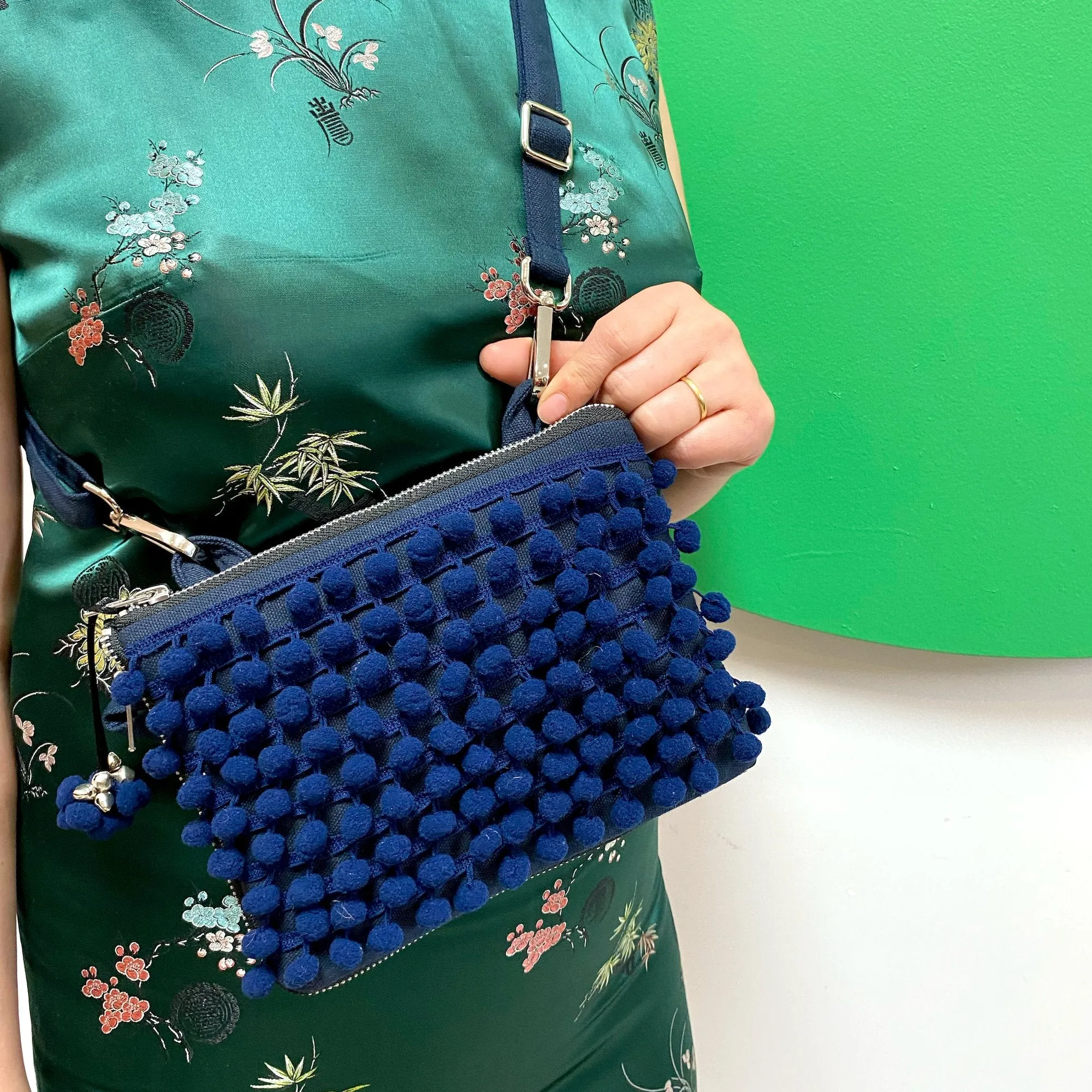 Ha Leh Handmade Pom Pom Mini Crossbody Bag in Navy