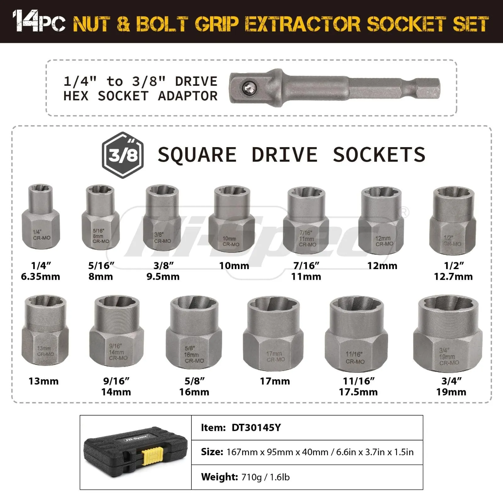 Hi-Spec 14pc Damaged Screw Extractor Cr-Mo Steel Bolt Nut Remover  Car Tool Kit Hand Tools Kit 6.35 -19m in Tool Box