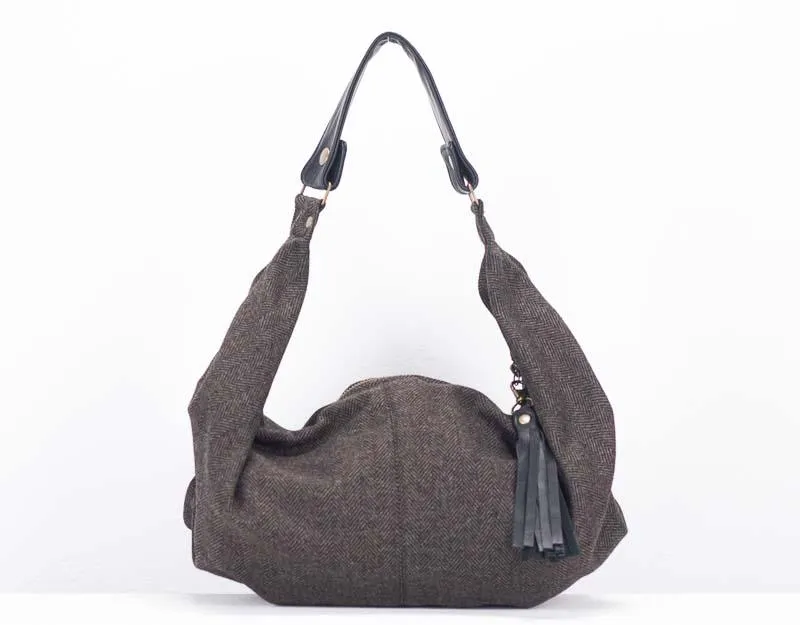 Kallia mini bag - Brown herringbone wool and Black leather