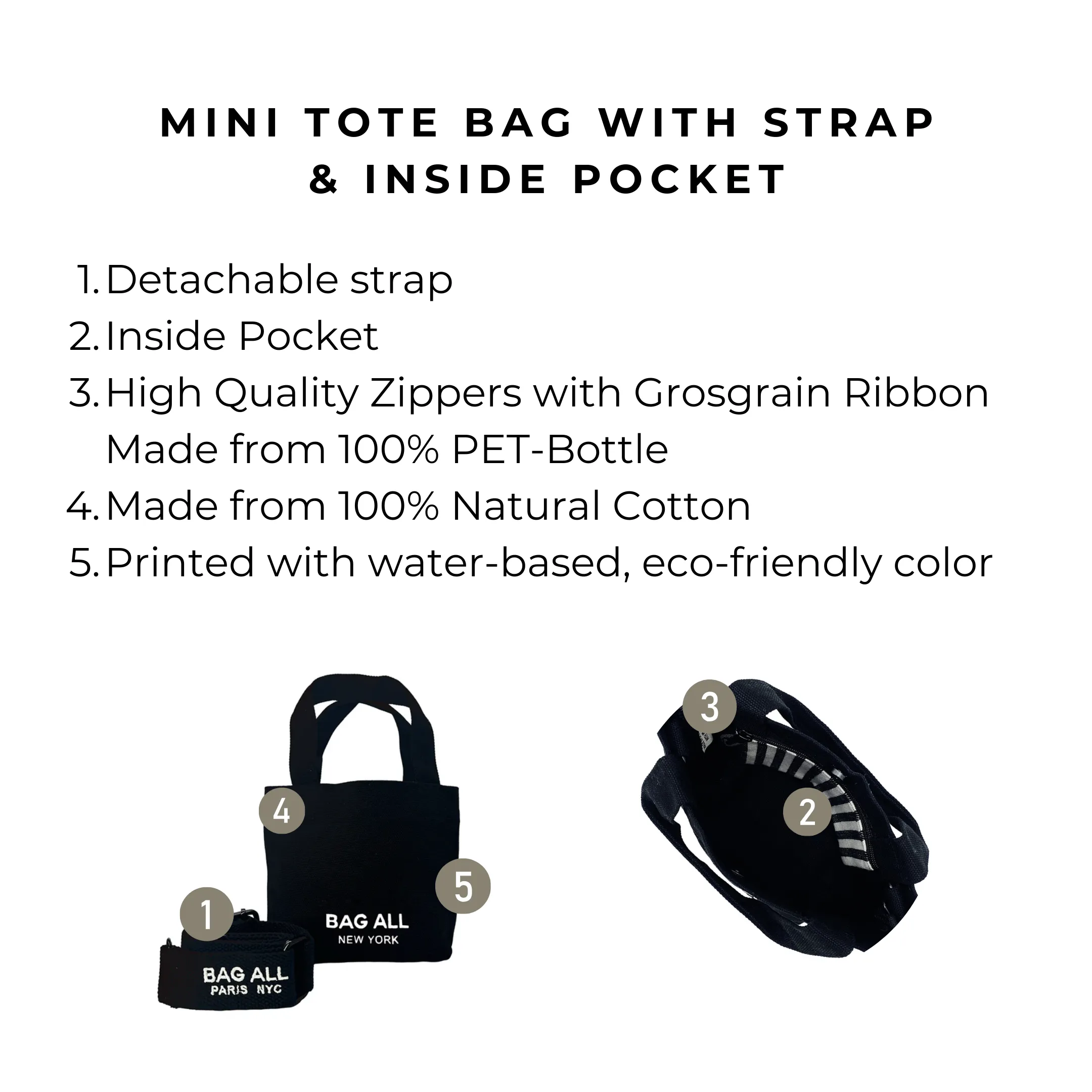 Mini Tote Bag with Strap and Inside Pocket, Black