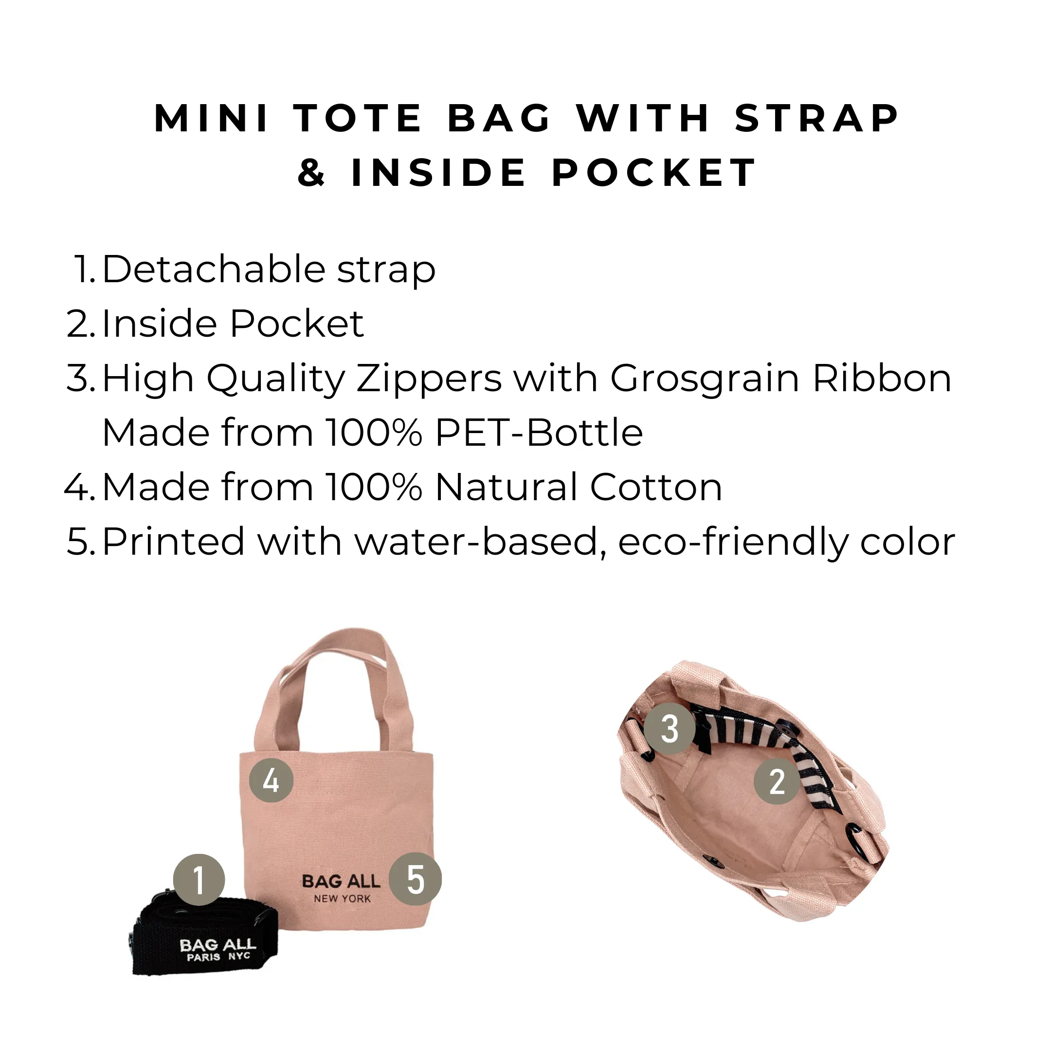 Mini Tote Bag with Strap and Inside Pocket, Pink/Blush