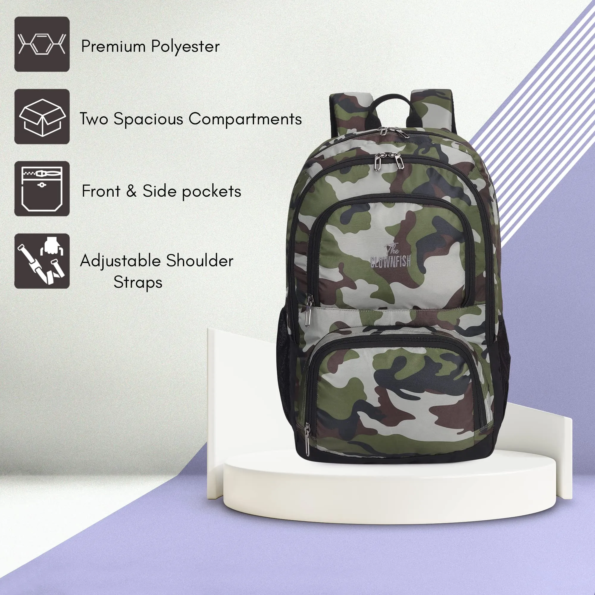 THE CLOWNFISH Cadet Polyester 32.5 Litres Unisex Travel Laptop Backpack for 15.6 inch Laptop (Camo Green)